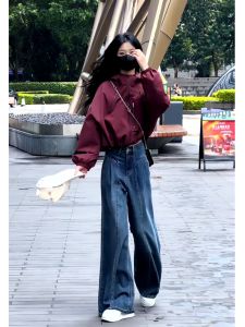 Spring Autumn 2024 Fashionable Adjustable Drawstring Hooded Short Jacket + Wide Leg Jeans Casual Versatile Womens Outfit