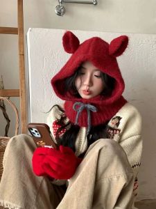 หมวกไหมพรมถักนิตติ้งสีแดงรูปหูน่ารัก ผ้าคลุมใบหน้าแบบ Bara Klafa สำหรับผู้หญิงในฤดูหนาว ปกป้องหู อบอุ่น สไตล์หวานน่ารัก