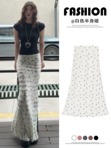 กระโปรงทรงเอเอวสูงลายดอกไม้สีขาว กระโปรงทรงเอเข้ารูปสำหรับผู้หญิงในช่วงฤดูร้อนปี 2025 กระโปรงทรงเอยาวปานกลาง กระโปรงเข้ารูป กระโปรงสั้น กระโปรงทรงเอเข้ารูป