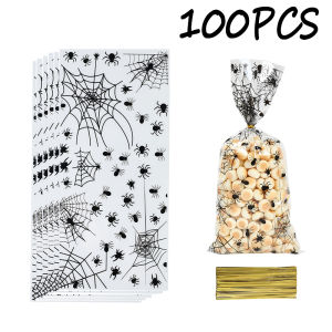 50-200pc Halloween Spider OPP Flat Bags Trick or Treat Clear Candy Bags with Twist Ties Spider Ghost Cookie Bag Party Supplies