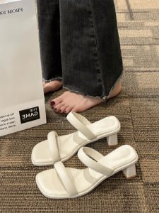 Fashionable High Heel Slippers Women Summer Outdoor Wear Open Toe Strappy French Style Chunky Heel Sandals Casual PU Material