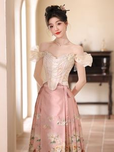 Pink Cheongsam Set Wedding Dress High Waist Gown with Embroidery Vintage Style One Shoulder Long Skirt for Engagement And Autumn Winter