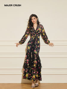 Vintage Print Split Design Resort-style Dress
