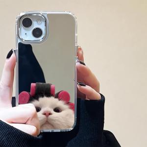 Cute Curly Hair Cat Pattern Mirror Anti-drop Phone Case