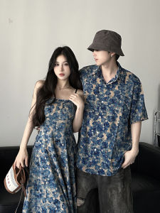 Couples Summer Beach Vacation Style: French Vintage Mens Shirt Floral Print Halter Dress One Skirt One Dress Trendy Loose Fit