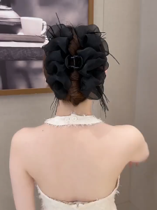 Kẹp tóc kiểu Pháp lụa đen kẹp kẹp tóc càng cua ruy băng nơ lớn