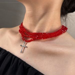 สร้อยคอจี้คริสตัลสีแดงหลายชั้นแบบยูนิฟอร์ม สร้อยคอแบบไขว้แบบเรโทร เครื่องประดับแฟชั่นสำหรับผู้ชายและผู้หญิง