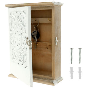 ตู้กุญแจไม้ตกแต่ง Vintage Key ผู้ถือกล่องติดผนังกล่องกุญแจไม้ Minimalist Wall Key Cabinet กล่อง 6 ตะขอกุญแจ