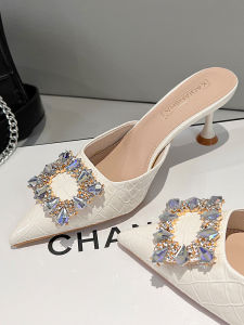 Summer 2025 French Style Pointed Toe High Heels Half Slippers Water Diamond Embellished Outdoor Wear Womens Open Toe Sandals