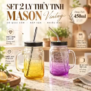 Bộ 2 Ly Thủy Tinh Nhiều Màu Mason Vintage 450ml Có Nắp Kim Loại Và Ống Hút