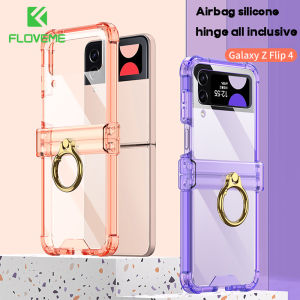 FLOVEME Luxury Transparent Hinge Phone Case For Samsung Galaxy Z Flip 5 Flip 4 5G With Ring Holder Bracket Folding Four Corner Soft Silicone Shockproof Back Cover For Galaxy Z Flip 5 Flip 4