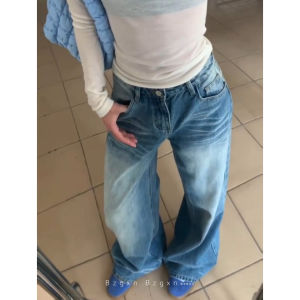 High Waist Long Folded Washed Denim Jeans Women Early Autumn 175 Floor-Length Straight Leg Wide Leg Casual Style Resistant Wear