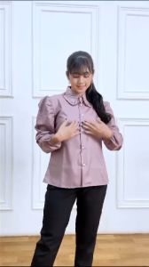 Top Kemeja Puffy Longsleeve / Kemeja Lengan Panjang Polos Kerah Rempel & Lengan Balon Katun High Quality