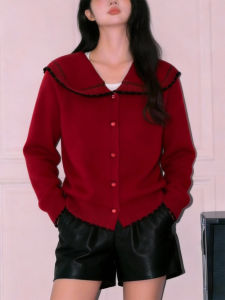 QINGNAER | Elegant Red Collar Knitted Cardigan Large Size