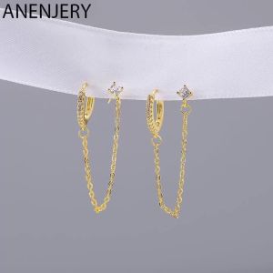ANENJERY Micro Zircon Double Pierced Hoop Earrings For Women Creative Chain Earrings Party Jewelry