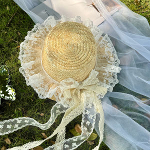 Lolita Style Long Lace Butterfly Knot Straw Hat Womens Spring Summer Autumn Outing Sunshade Soft Girl Beach Large Brim Hat