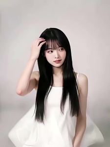 Afuluodi | Full Natural Black Straight Wig with French Fringe 100% Human Hair