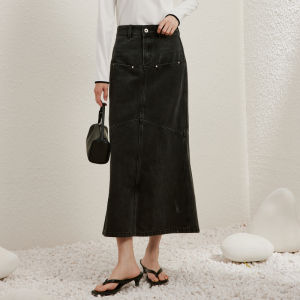 Yigue | Washed Denim Half Skirt Mid to High Waist Long Flounce Skirt