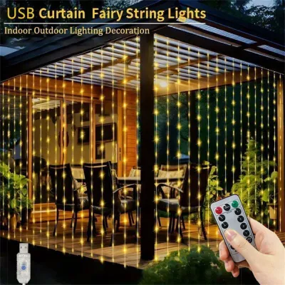 USB Powered Fairy LED Curtain String Lights 8 Modes Outdoor Courtyard Wedding Party Garden Garland Lamp Ramadan Home Decoration