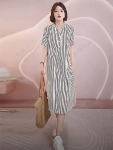 2025 New Summer Japanese Style Simple Print Dress Womens Loose Slimming Younger Striped Large Square Luxury Skirt