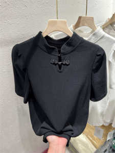 New Chinese Style Black Short Sleeve Knitted T-Shirt Stand Collar Button up Summer New Arrival Womens National Style Top