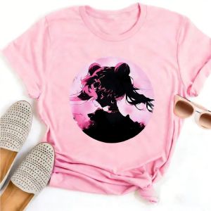 Bandai | Pretty Girl Warrior Anime Printed Moon Hare T-shirt Printed HD Short Sleeved Clothes Sailor Cat Harajuku Anime