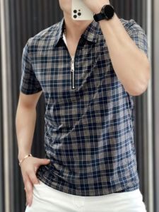 Turn-down Collar Plaid Short Sleeve Stylish Mens Polo Shirt