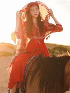 Red Long Sleeve Desert Dress Womens Summer Travel Clothing High Waist A-Line Skirt Breathable Lightweight Chiffon Beach Dress