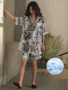 MiiOW | MiiOW Ice Silk Sleepwear Womens Summer Short Sleeve Shorts Set High-End Feeling Ladies Home Clothes Can Be Worn Outside