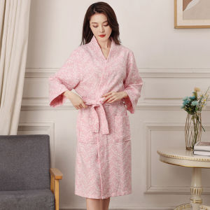 Summer Thin Three-Quarter Sleeve Japanese Style Cotton Bathrobe Adult Cotton Pajamas Absorbent Bathrobe Hotel Nightgown Bed & Breakfast Bath Towel