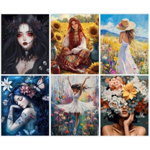 Pictures By Numbers Flowers Girl Paint Kits Figure Canvas Drawing Oil Painting By Number Handmade For Adults Home Deco