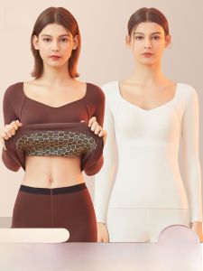 Miiow | Warmth Wool Silk Womens Underwear With Chest Pad Autumn Winter Traceless Top Autumn Clothes Pants V-neck Solid Color