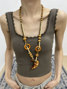 Bohemian Style Long Wooden Beaded Necklace Vintage Ethnic Y2K Personality Layering Versatile Sweater Chain Accessory