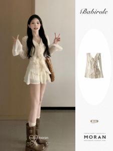 French Style White Long Sleeve Puffy Hem Dress Two Piece Set Autumn Fashion Small Size Women Soft Chiffon Material Gathered Waist