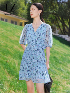 Summer Blue Chiffon Dress Womens V-neck Puffy Sleeve Pleated Skirt Casual Style Polyester Fiber Mid-waist Short Sleeve