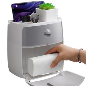 กล่องใส่ทิชชู กันน้ำสีเทา+ขาว ติดผนังไม่ต้องเจาะ วัสดุพรีเมียม กล่องใส่ทิชชู่ กล่องใส่ของอเนกประสงค์ กล่องใส่กระดาษทิชชู่ 2ชั้น