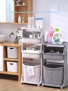 ตะกร้าใส่ผ้า 3 ชั้น ตะกร้าแข็งแรงทนทาน วัสดุ PP มีล้อ ตะกร้าอเนกประสงค์ พร้อมส่งในไทยจ้า