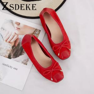 Red Top Layer Cowhide Leather Flat Bottom Womens Shoes Soft Sole Boat Shoes Comfortable Fashionable for Spring Autumn