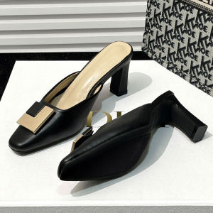 รองเท้าแตะส้นสูงหนังวัวแท้สำหรับผู้หญิง รองเท้าแตะแบบสวมหัวเหลี่ยมสบายๆ สไตล์ฝรั่งเศส รองเท้าแตะแบบสวมหัวแบบสวมหัวสำหรับผู้หญิง