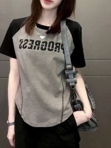 plus Size Shoulder Sleeve T-Shirt Womens Casual Slim Fit Short Sleeve Dyed T-Shirt Korean Style round Neck Top for Summer