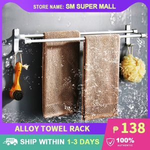 【Rustproof Aluminum Alloy】Dual Towel Racks No Drilling Punch-free Towel Bar with Hooks Shower Room Rod Holder Self Adhesive Wall Mounted Installation Kitchen Bath Washingroom Hanging Accessories