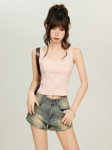 Áo Ba Lỗ Không Tay Màu Hồng American Hot Bé Gái Fishbone Dành Cho Nữ Mùa Hè 2024 Áo Khoác Ngoài Ngọt Ngào Mới Áo Ba Lỗ Ngắn