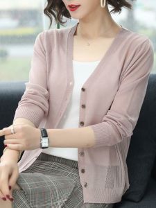 ผู้หญิง สั้น แขนกุด น้ําแข็ง ผ้าไหม ถัก คาร์ดิเกน คอวี เบา ฤดูร้อน ฤดูใบไม้ผลิ เสื้อแจ๊กเก็ตเครื่องปรับอากาศ ทันสมัย สไตล์การเดินทาง