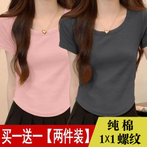 เสื้อยืดแขนสั้นผู้หญิงคอวีทรงสลิมฟิตผ้าฝ้ายแท้สไตล์เกาหลีฤดูร้อน 2025 เสื้อเชิ้ตทรงเข้ารูปไม่สมมาตร ทรงเข้ารูป เสื้อเชิ้ต