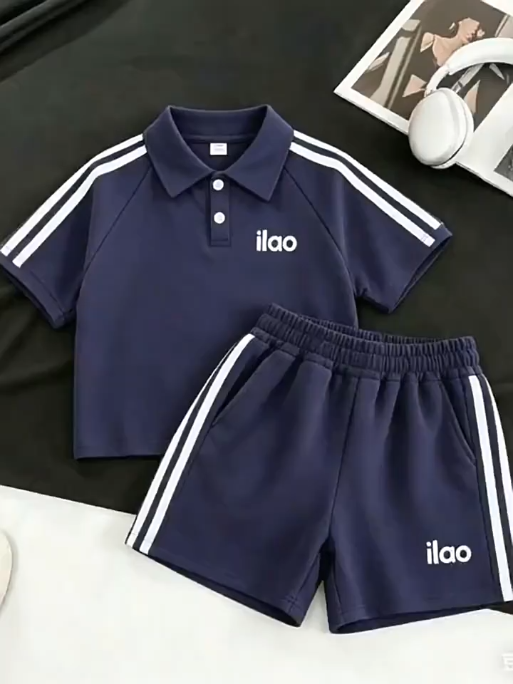 F-16 Kids Sport Polo Shirt Set Korean Style Casual Short Sleeve Shorts Striped Shirt Two-Piece Kidswear