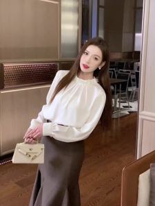 AMMIN 2025 Spring New Fashion Sweet Mesh Beads Patchwork Stand-up Collar Long Sleeve Shirt Womens Korean Style Fashion Pleating Design Elegant Blouse