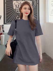 plus Size Light Gray Cotton T-Shirt Womens Short Sleeve Summer Loose Printed Mid-Length Cover-Up Top Korean Style round Neck