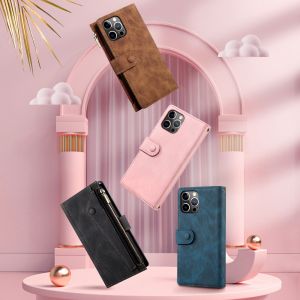 Luxury Flip Stand Leather Case For Apple iPhone 11 12 13 14 Pro Max 12 13 Mini 6 6S 7 8 Plus X XR XS Max Zipper Wallet Cover with Short Strap Long Lanyard RFID Card Slots Phone Bag Case