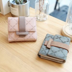 Spring and Summer New Womens Short Purse Korean Version Printed Buckle Simple Everything Folding Short Womens Wallet PU Leathe