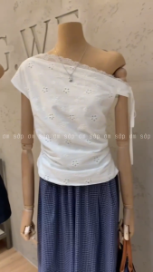 [SẴN LOẠI 1] Boi thêu phối ren mềm Full lót Áo lệch vai cột nơ chiết eo khoá kéo hông tôn dáng gợi cảm WGWE W9713